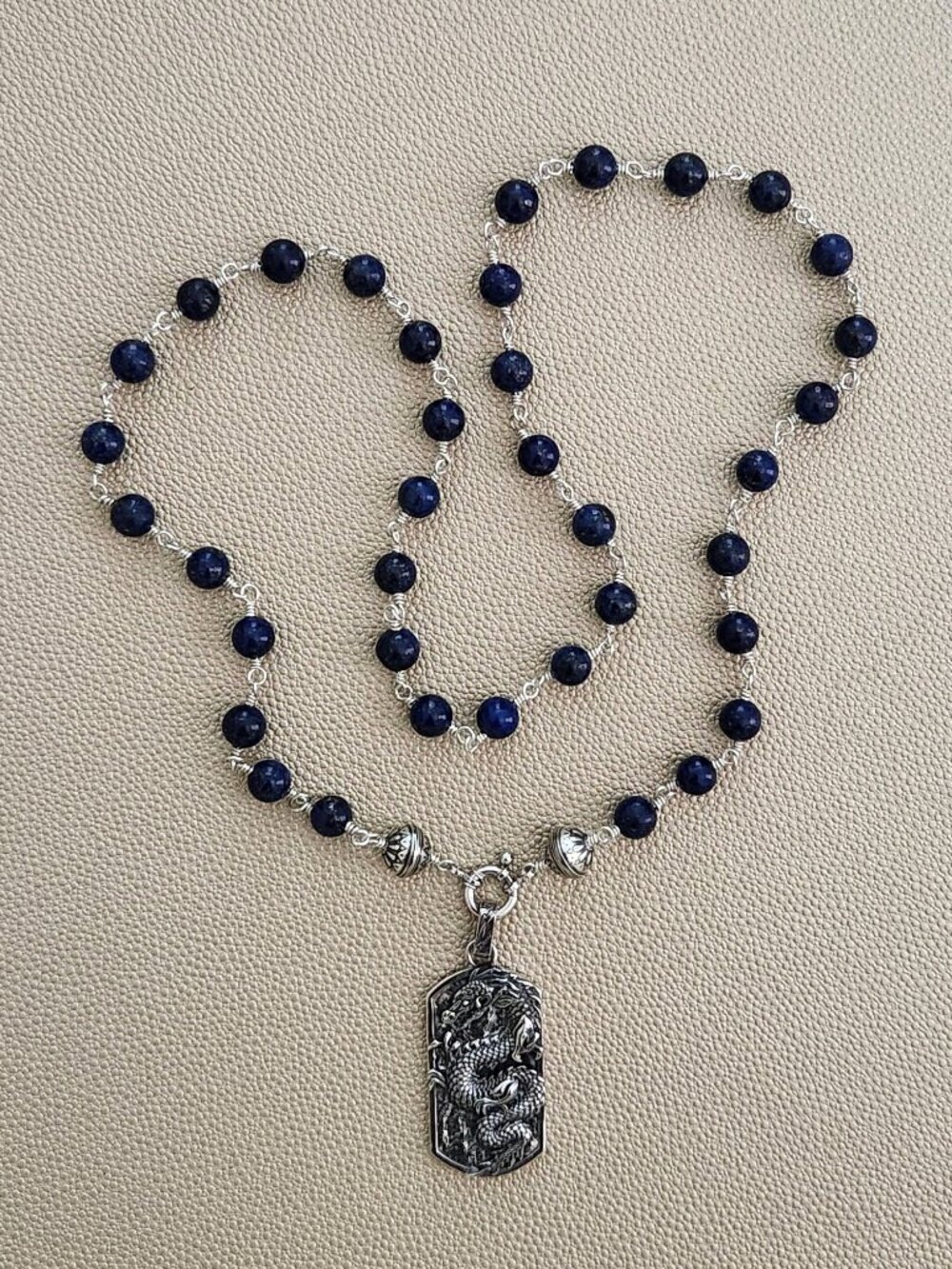 8MM LAPIS LAZULI NECKLACE W/ 925 SILVER DRAGON--26"